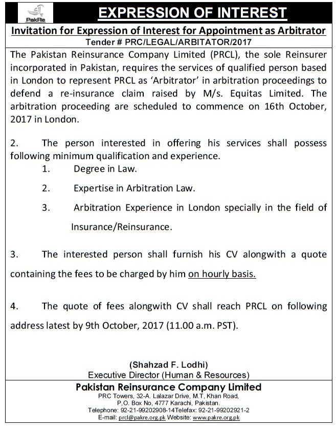 Expression of interest for appoitment as Arbitrator